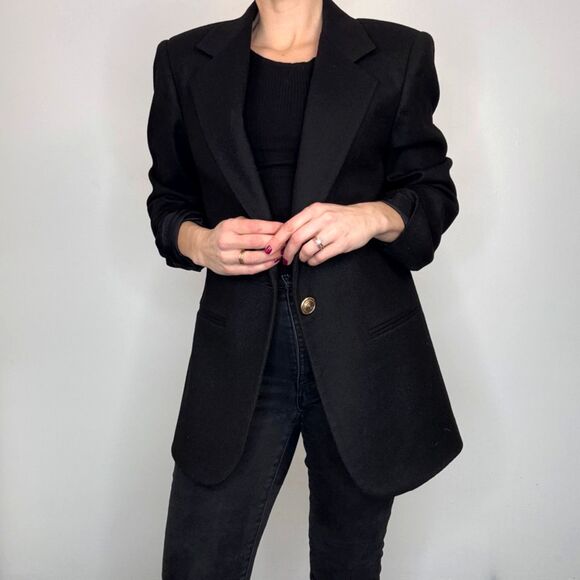 Vintage 90s Sag Harbor Pure Wool Boyfriend Blazer Black | Size 8 - Picture 1 of 12